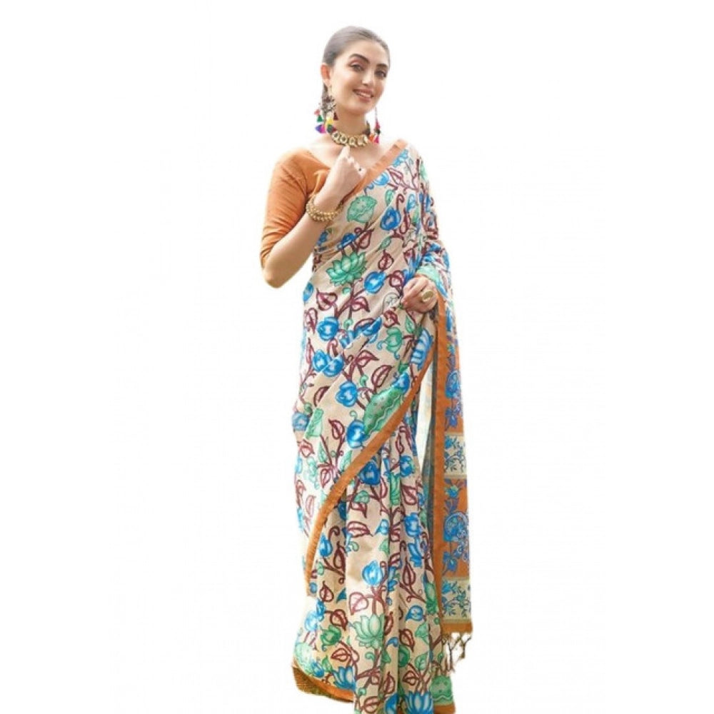 Women's Faux_Tussar Kalamkari_Print Saree With Unstitched Blouse 5.5Mtr (Brown) - VANSHELLE