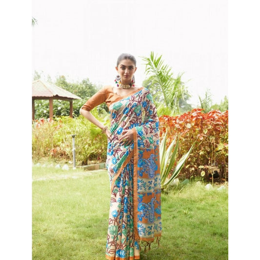 Women's Faux_Tussar Kalamkari_Print Saree With Unstitched Blouse 5.5Mtr (Brown) - VANSHELLE