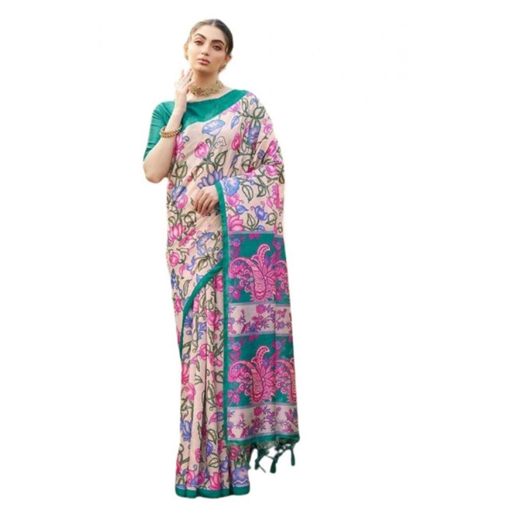 Women's Faux_Tussar Kalamkari_Print Saree With Unstitched Blouse 5.5Mtr (Green) - VANSHELLE