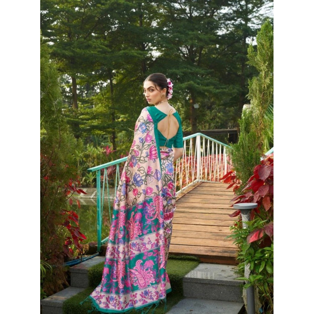 Women's Faux_Tussar Kalamkari_Print Saree With Unstitched Blouse 5.5Mtr (Green) - VANSHELLE