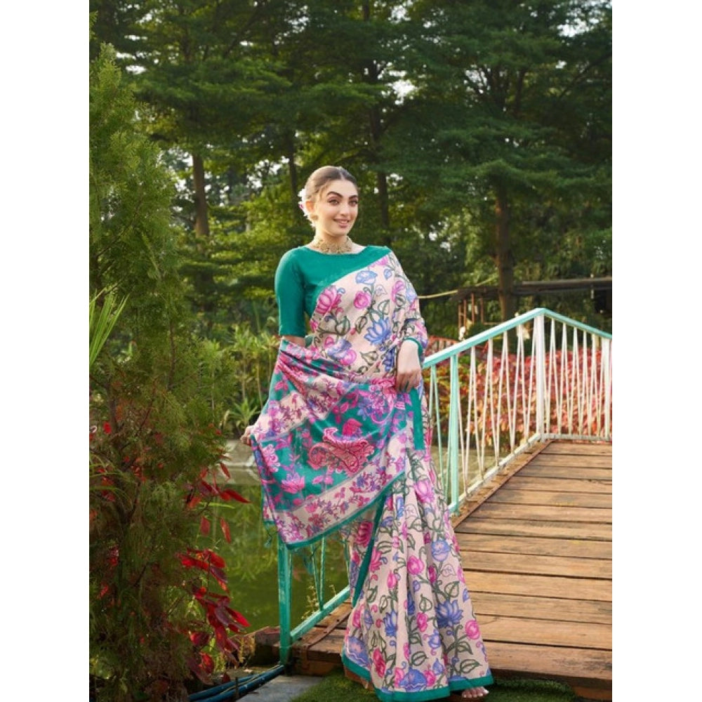 Women's Faux_Tussar Kalamkari_Print Saree With Unstitched Blouse 5.5Mtr (Green) - VANSHELLE