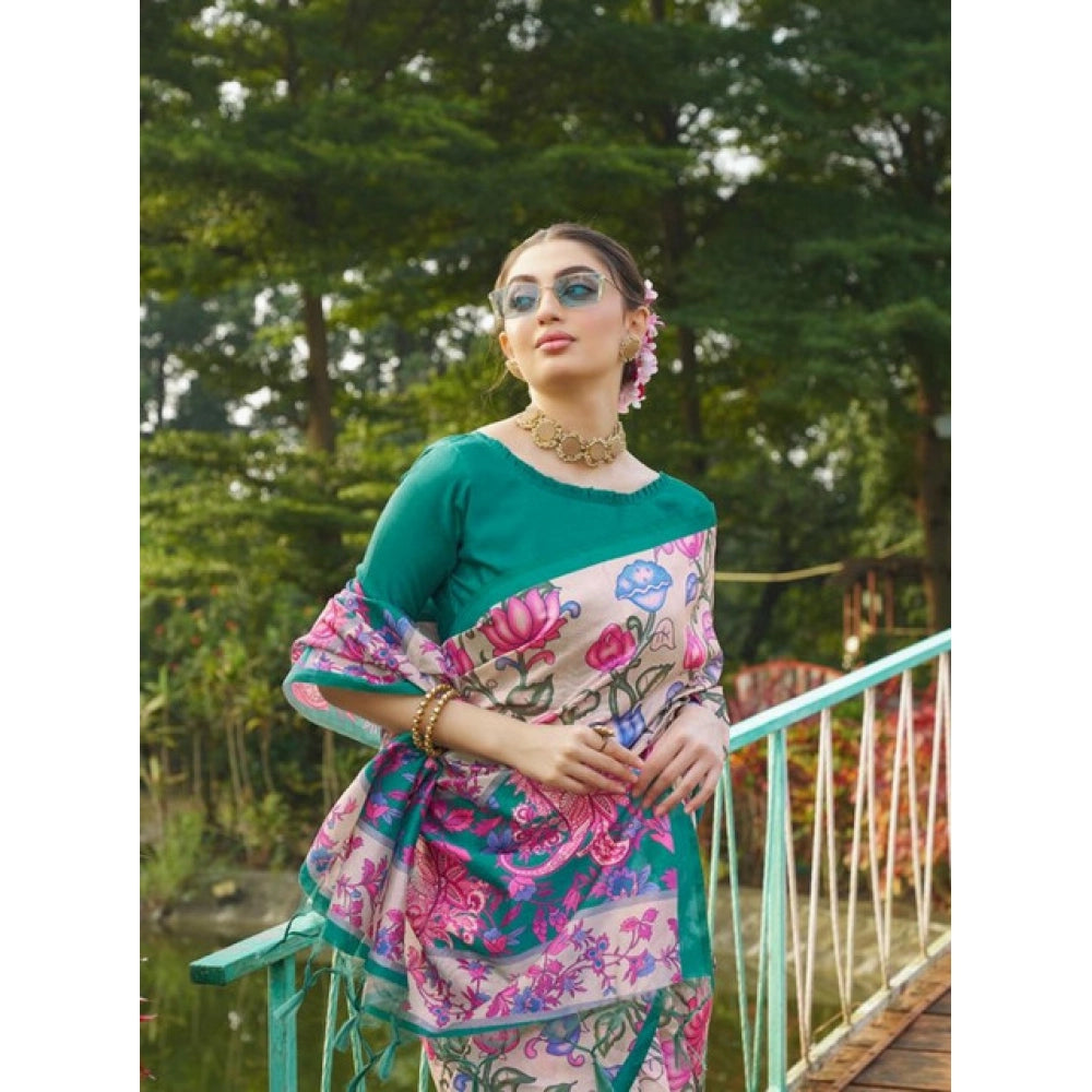 Women's Faux_Tussar Kalamkari_Print Saree With Unstitched Blouse 5.5Mtr (Green) - VANSHELLE