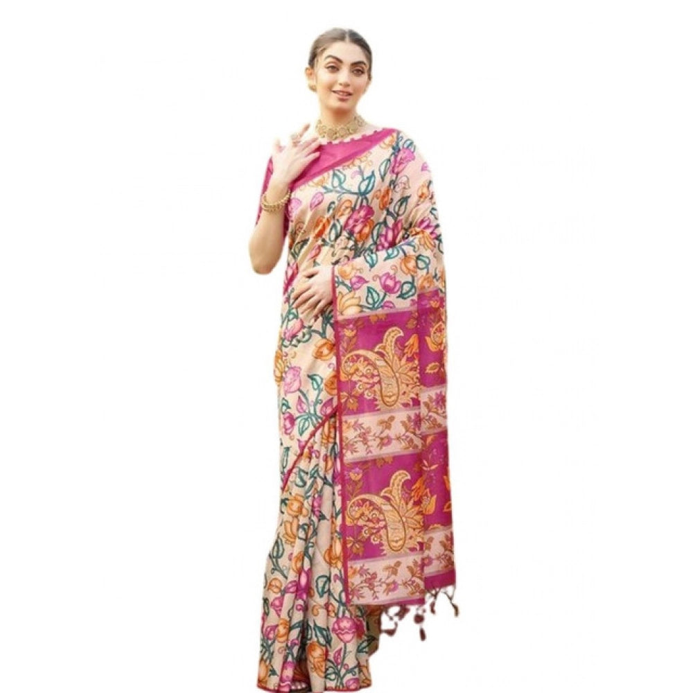 Women's Faux_Tussar Kalamkari_Print Saree With Unstitched Blouse 5.5Mtr (Pink) - VANSHELLE