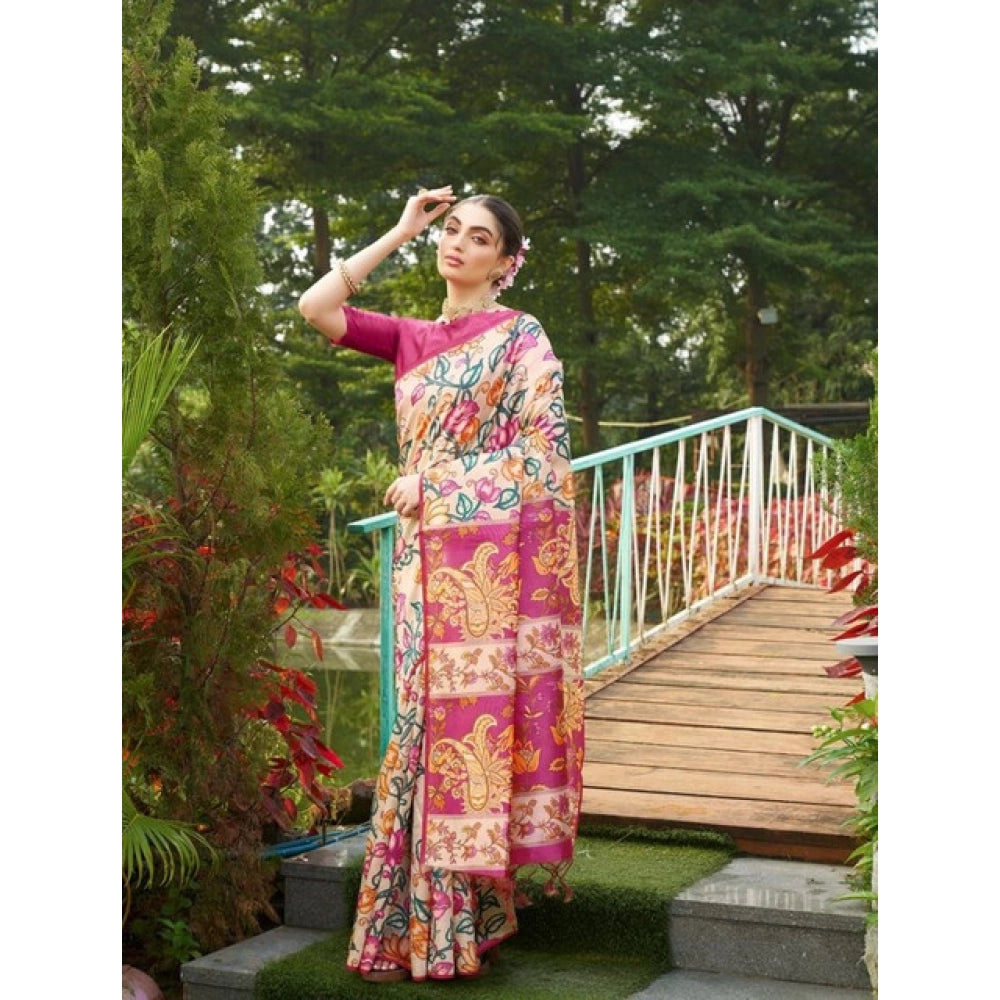 Women's Faux_Tussar Kalamkari_Print Saree With Unstitched Blouse 5.5Mtr (Pink) - VANSHELLE