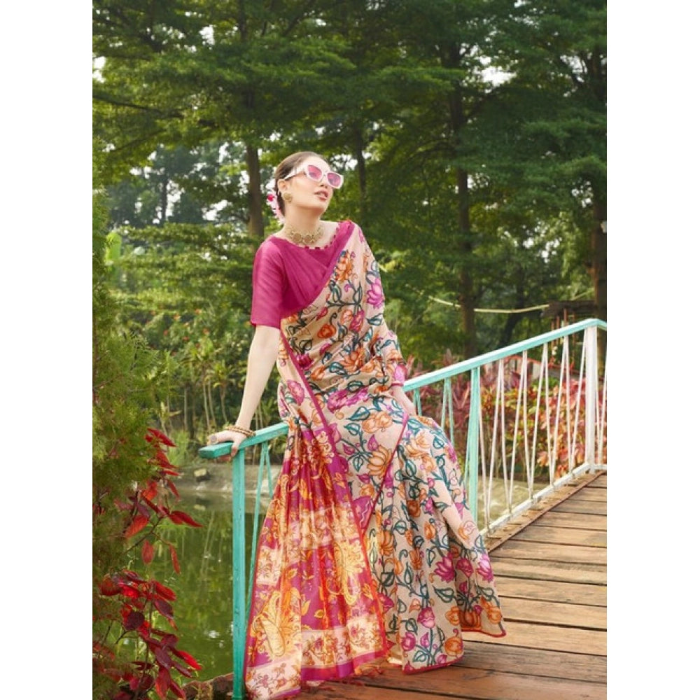 Women's Faux_Tussar Kalamkari_Print Saree With Unstitched Blouse 5.5Mtr (Pink) - VANSHELLE