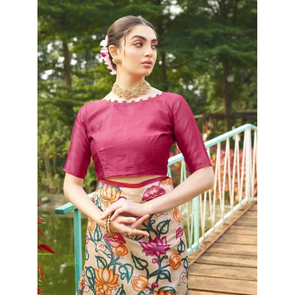 Women's Faux_Tussar Kalamkari_Print Saree With Unstitched Blouse 5.5Mtr (Pink) - VANSHELLE