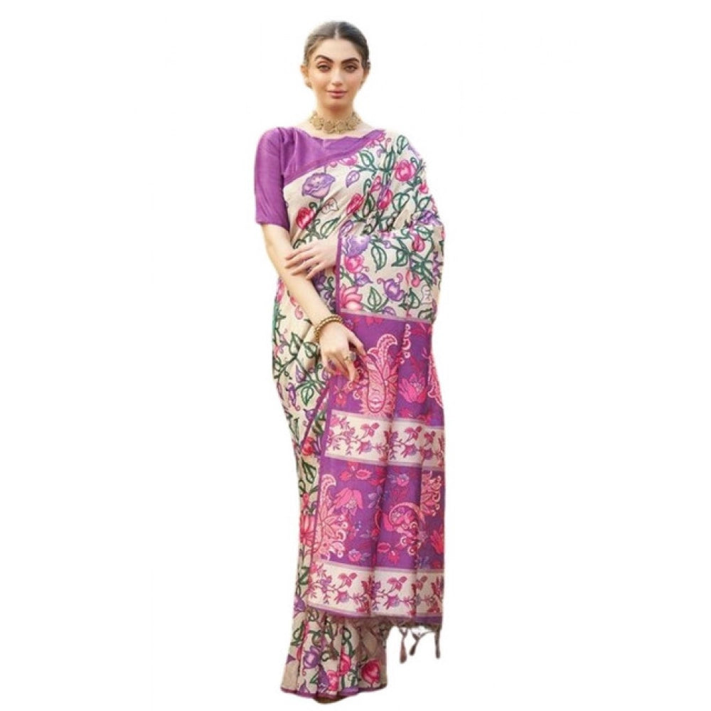 Women's Faux_Tussar Kalamkari_Print Saree With Unstitched Blouse 5.5Mtr (Purple) - VANSHELLE