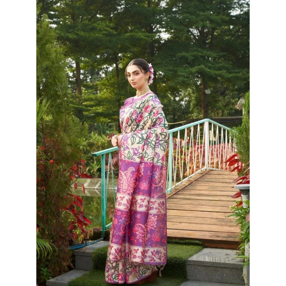 Women's Faux_Tussar Kalamkari_Print Saree With Unstitched Blouse 5.5Mtr (Purple) - VANSHELLE