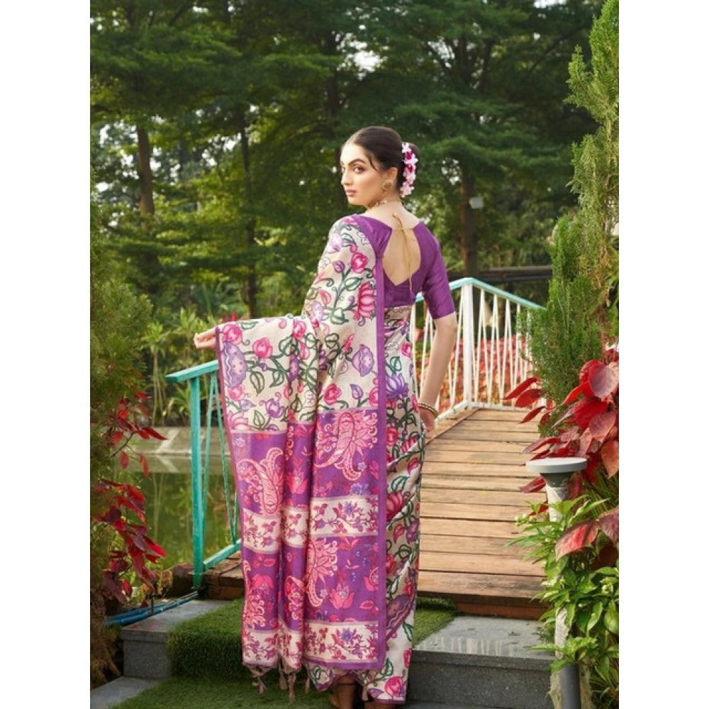 Women's Faux_Tussar Kalamkari_Print Saree With Unstitched Blouse 5.5Mtr (Purple) - VANSHELLE