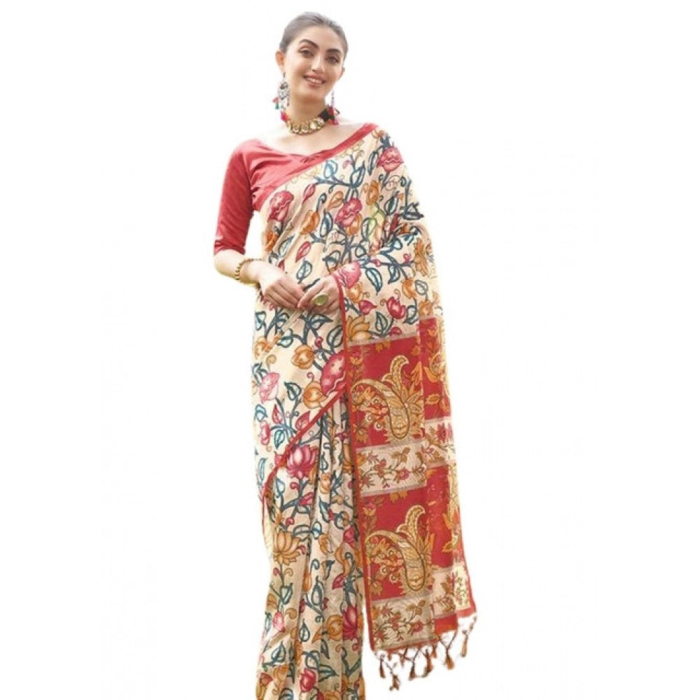 Women's Faux_Tussar Kalamkari_Print Saree With Unstitched Blouse 5.5Mtr (Red) - VANSHELLE