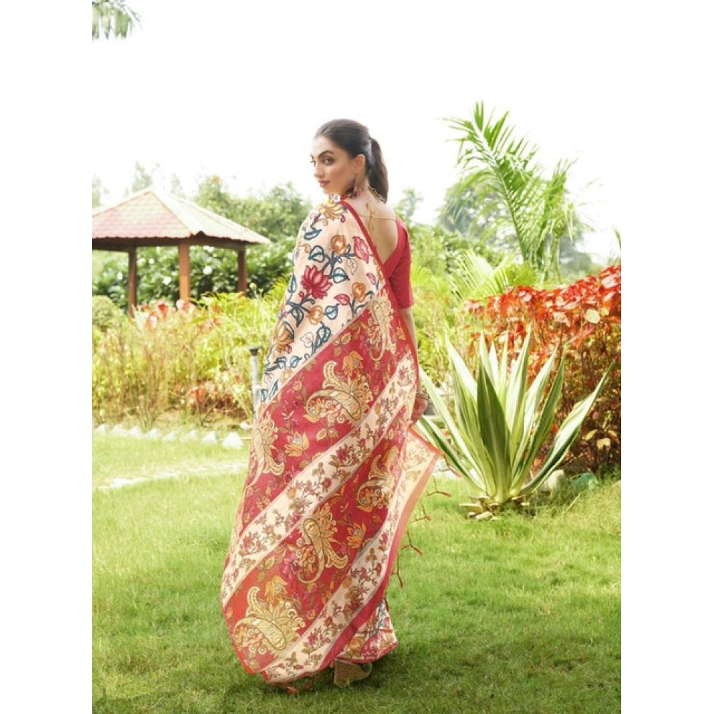 Women's Faux_Tussar Kalamkari_Print Saree With Unstitched Blouse 5.5Mtr (Red) - VANSHELLE
