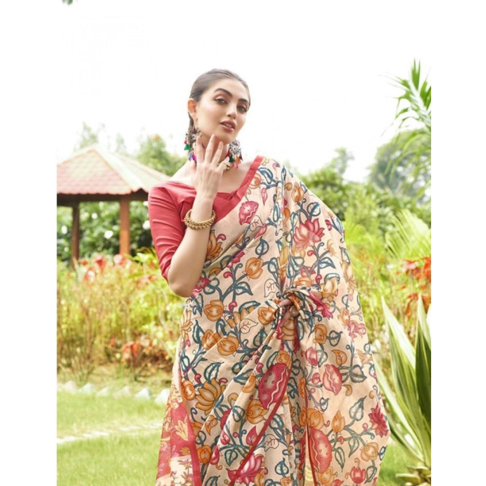 Women's Faux_Tussar Kalamkari_Print Saree With Unstitched Blouse 5.5Mtr (Red) - VANSHELLE