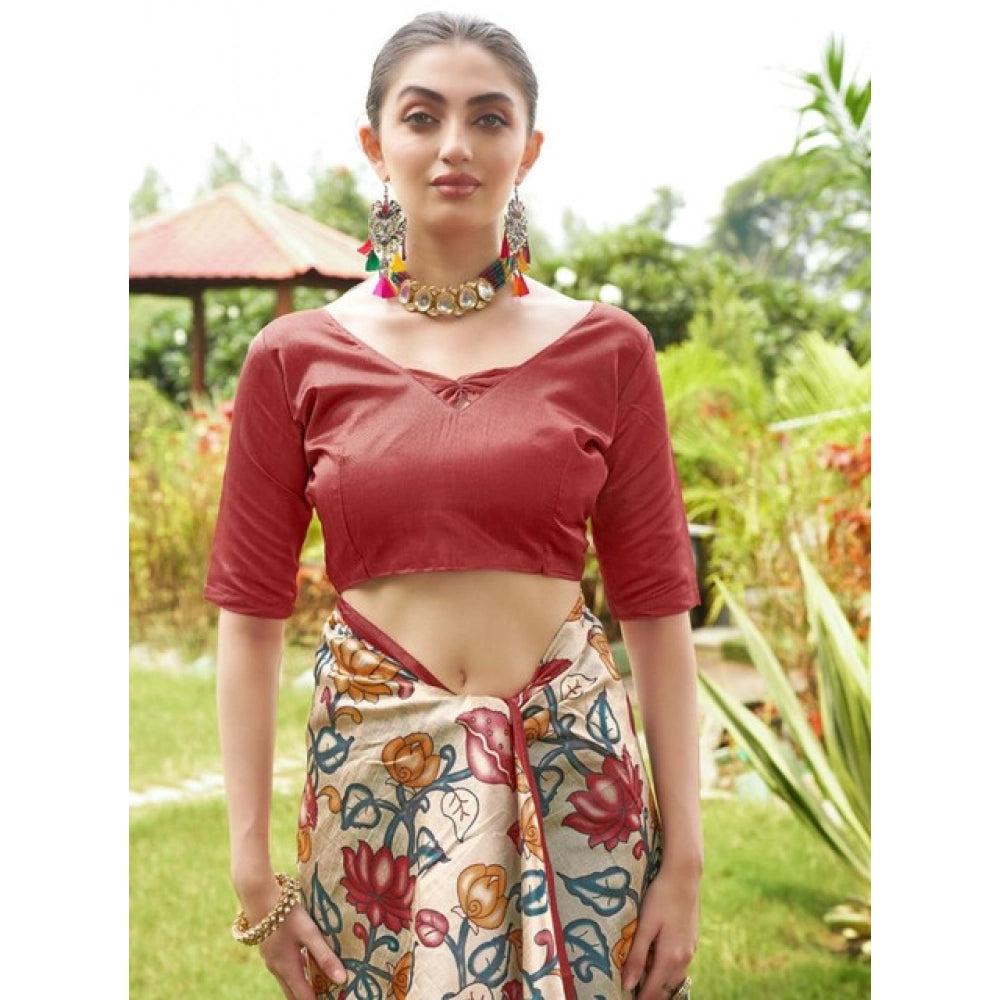 Women's Faux_Tussar Kalamkari_Print Saree With Unstitched Blouse 5.5Mtr (Red) - VANSHELLE