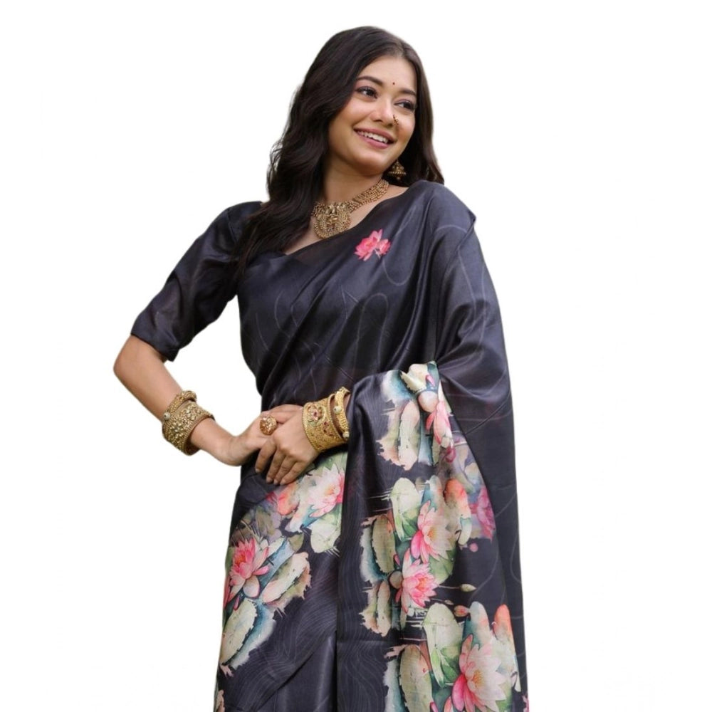 Women's Faux_Tussar Floral Saree With Unstitched Blouse 5.5Mtr (Black) - VANSHELLE