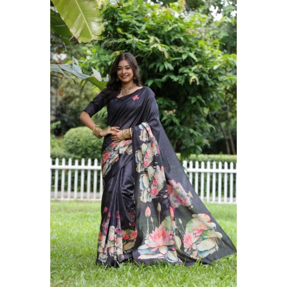 Women's Faux_Tussar Floral Saree With Unstitched Blouse 5.5Mtr (Black) - VANSHELLE