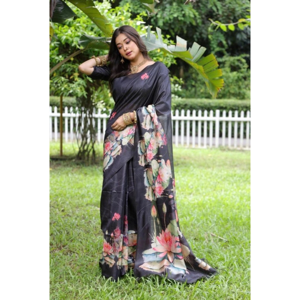 Women's Faux_Tussar Floral Saree With Unstitched Blouse 5.5Mtr (Black) - VANSHELLE