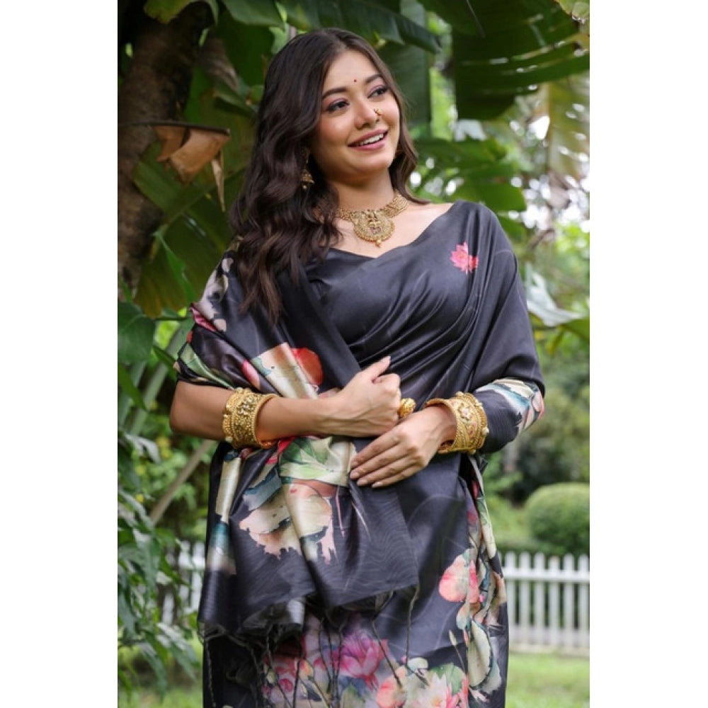 Women's Faux_Tussar Floral Saree With Unstitched Blouse 5.5Mtr (Black) - VANSHELLE