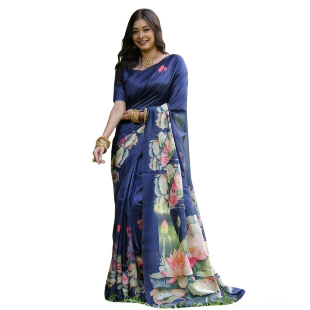 Women's Faux_Tussar Floral Saree With Unstitched Blouse 5.5Mtr (Navy_Blue) - VANSHELLE