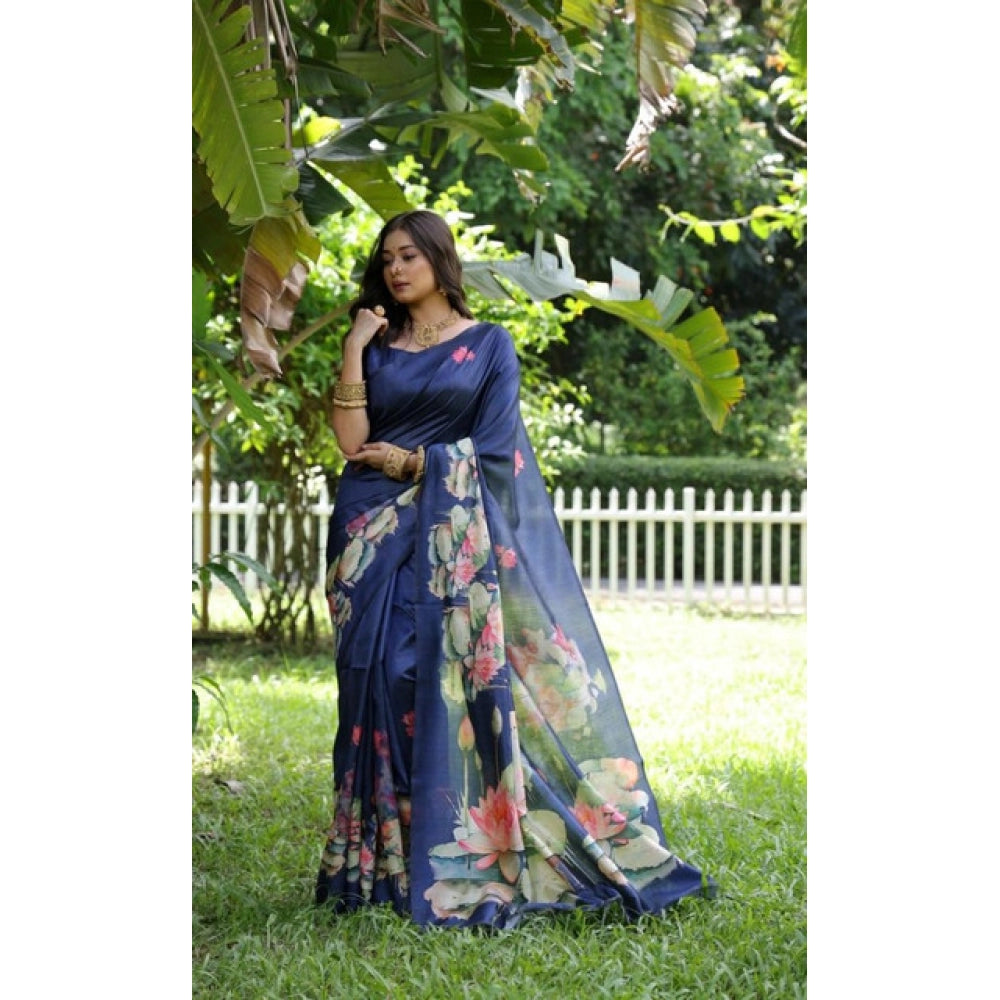Women's Faux_Tussar Floral Saree With Unstitched Blouse 5.5Mtr (Navy_Blue) - VANSHELLE