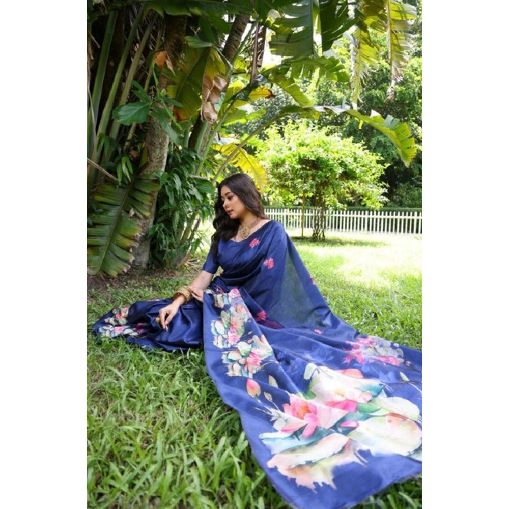 Women's Faux_Tussar Floral Saree With Unstitched Blouse 5.5Mtr (Navy_Blue) - VANSHELLE