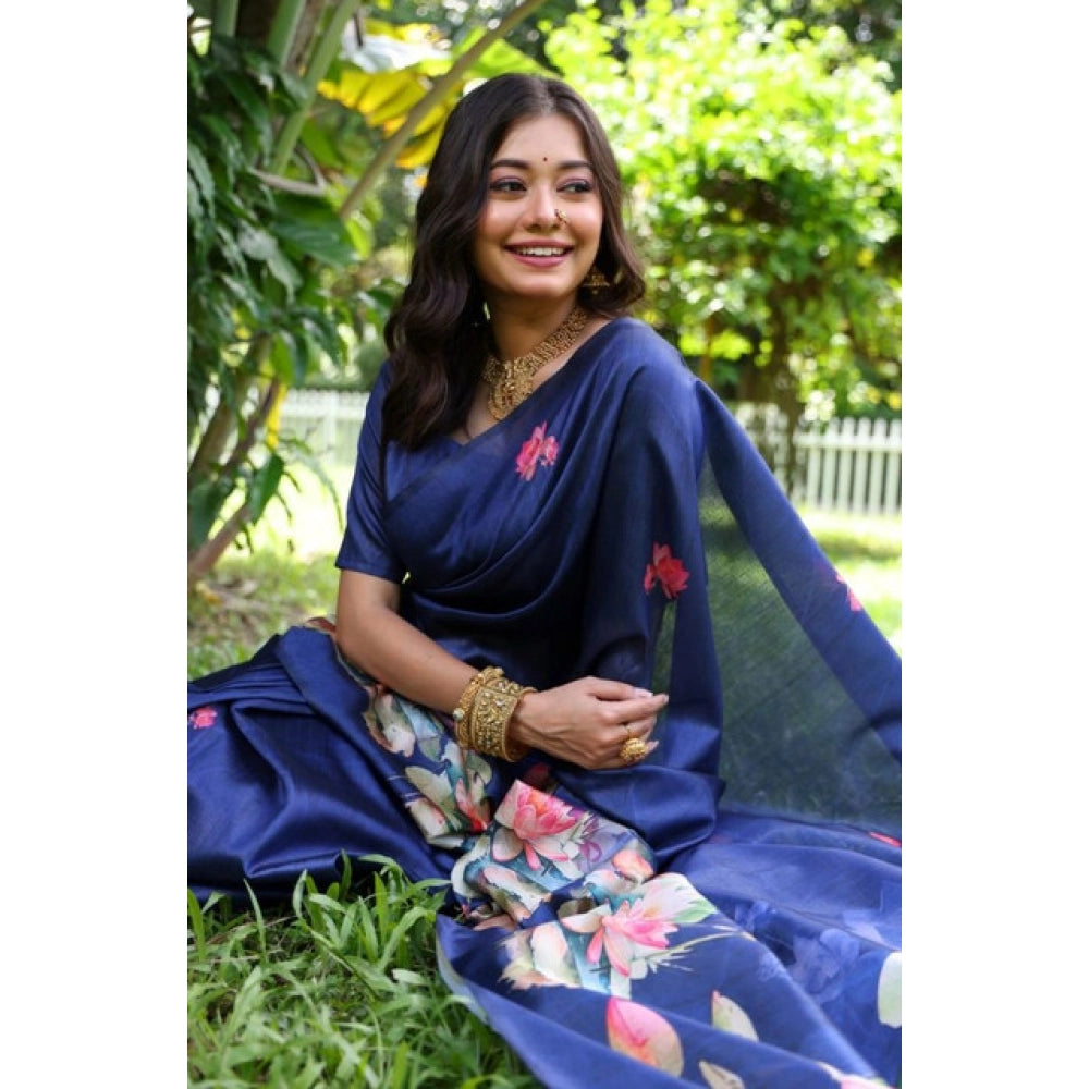 Women's Faux_Tussar Floral Saree With Unstitched Blouse 5.5Mtr (Navy_Blue) - VANSHELLE