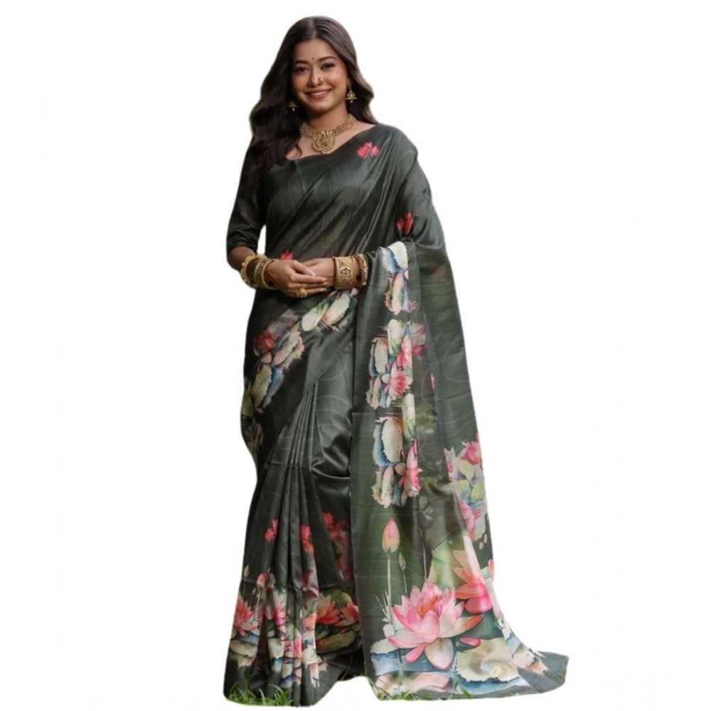 Women's Faux_Tussar Floral Saree With Unstitched Blouse 5.5Mtr (Olive) - VANSHELLE