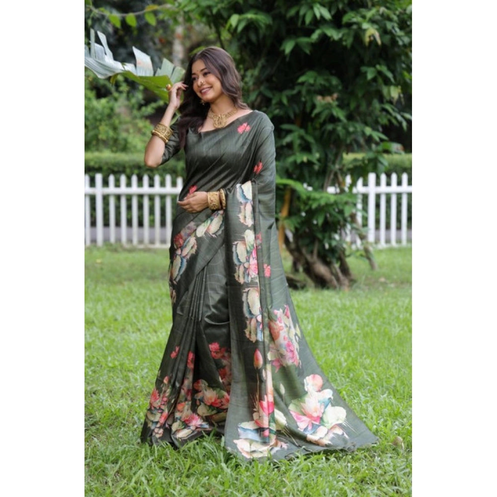 Women's Faux_Tussar Floral Saree With Unstitched Blouse 5.5Mtr (Olive) - VANSHELLE