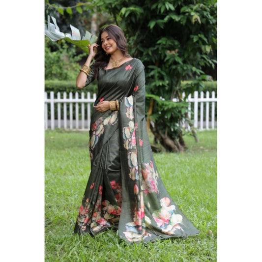 Women's Faux_Tussar Floral Saree With Unstitched Blouse 5.5Mtr (Olive) - VANSHELLE