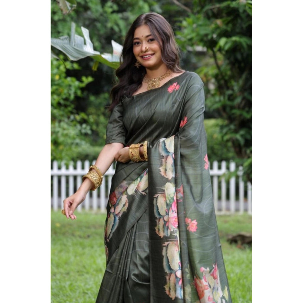Women's Faux_Tussar Floral Saree With Unstitched Blouse 5.5Mtr (Olive) - VANSHELLE