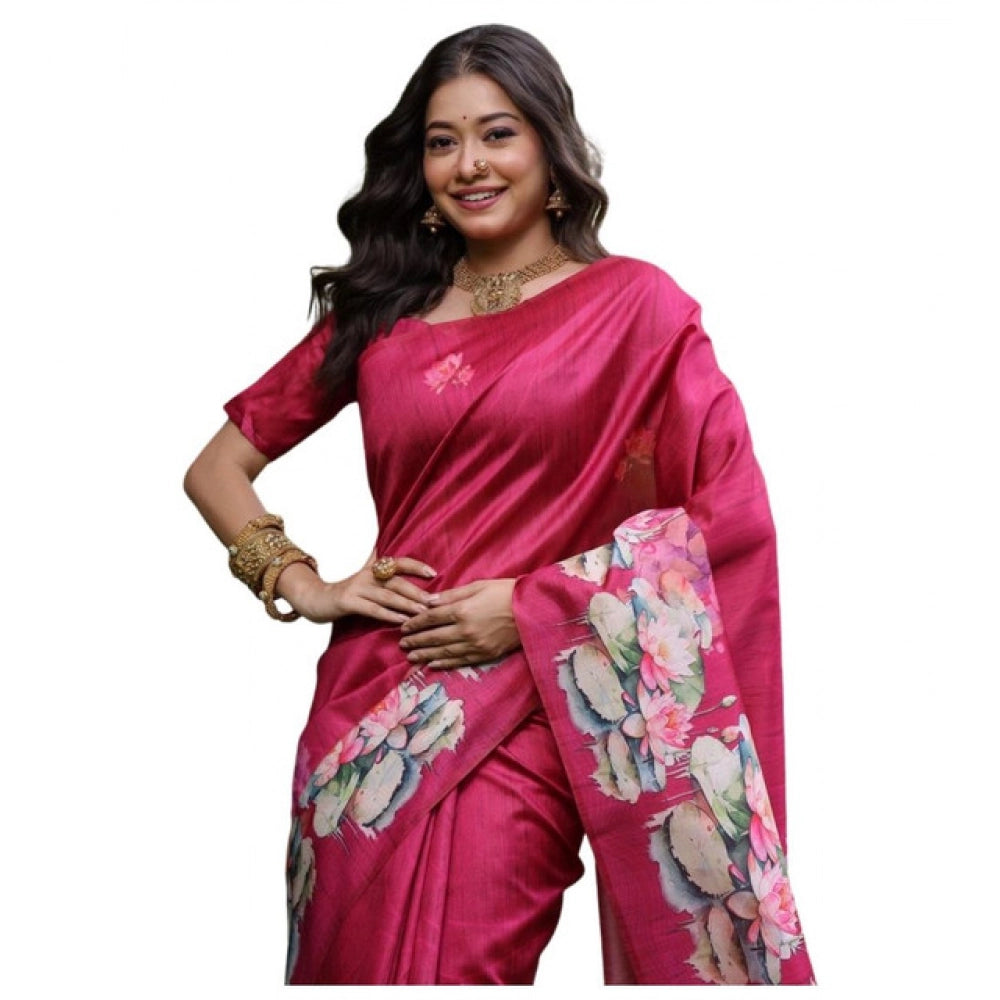 Women's Faux_Tussar Floral Saree With Unstitched Blouse 5.5Mtr (Pink) - VANSHELLE