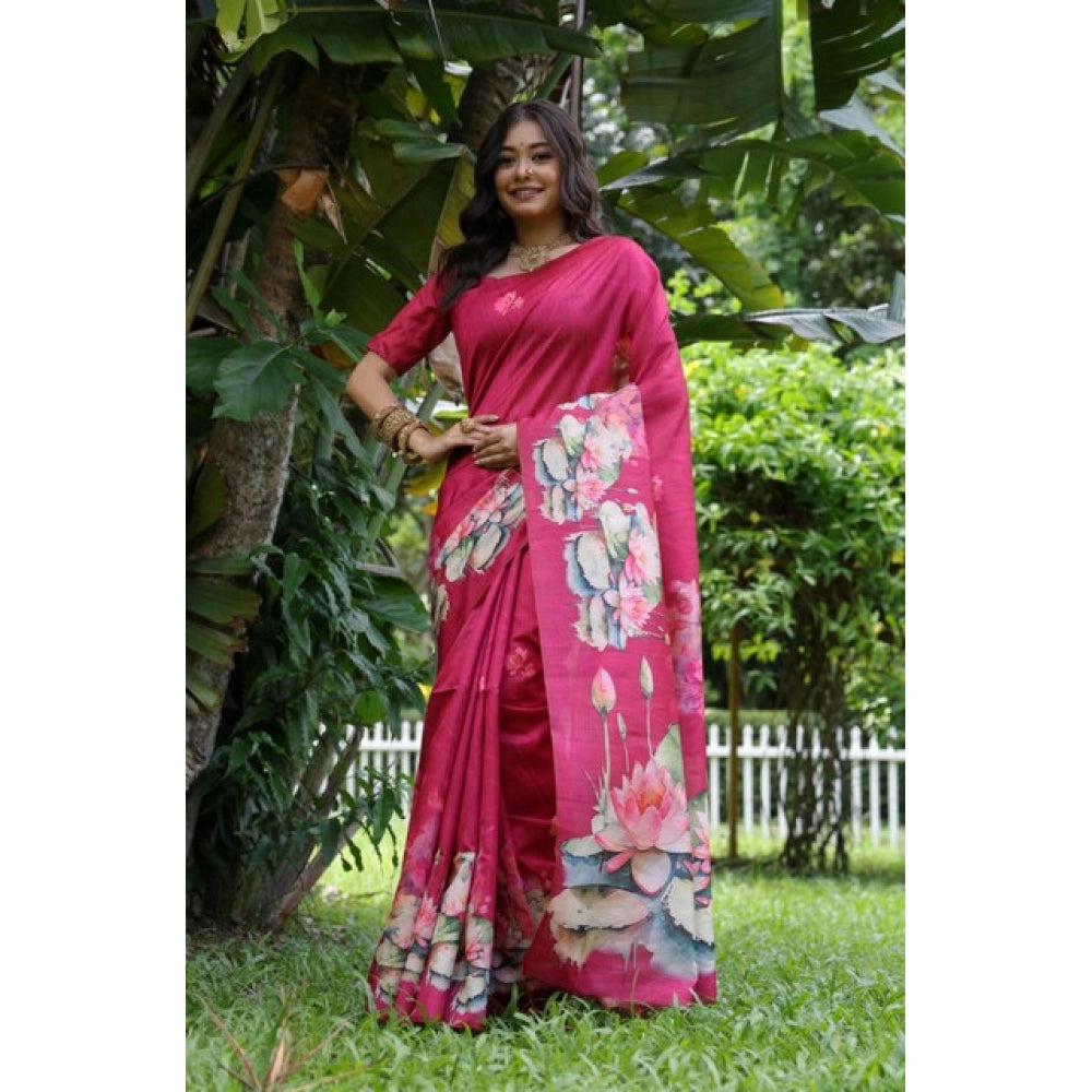Women's Faux_Tussar Floral Saree With Unstitched Blouse 5.5Mtr (Pink) - VANSHELLE