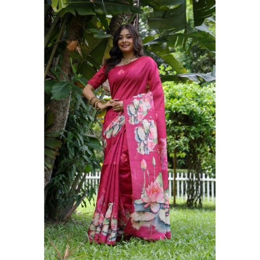 Women's Faux_Tussar Floral Saree With Unstitched Blouse 5.5Mtr (Pink) - VANSHELLE