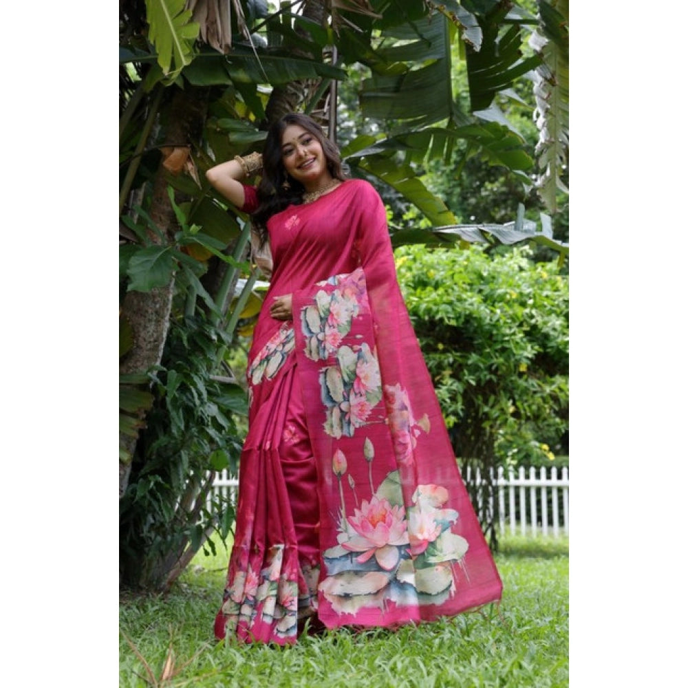 Women's Faux_Tussar Floral Saree With Unstitched Blouse 5.5Mtr (Pink) - VANSHELLE
