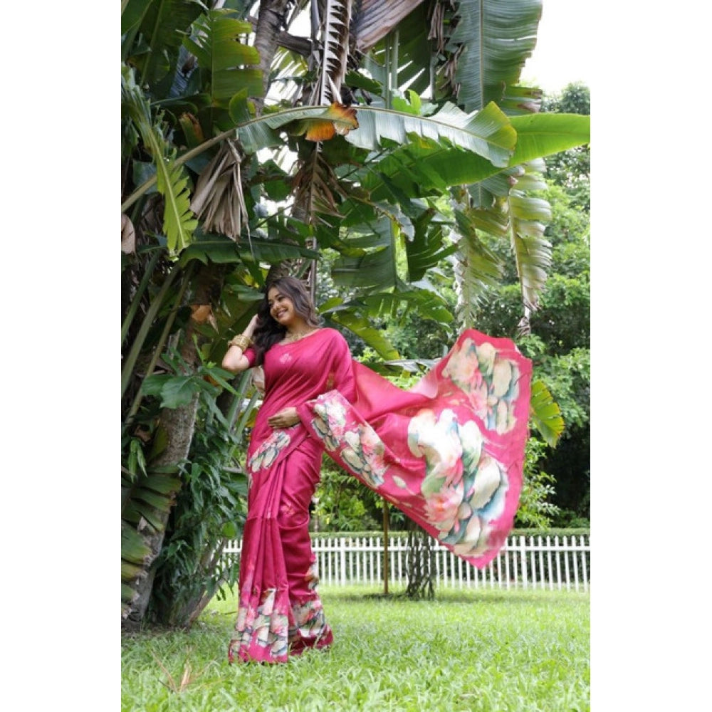 Women's Faux_Tussar Floral Saree With Unstitched Blouse 5.5Mtr (Pink) - VANSHELLE