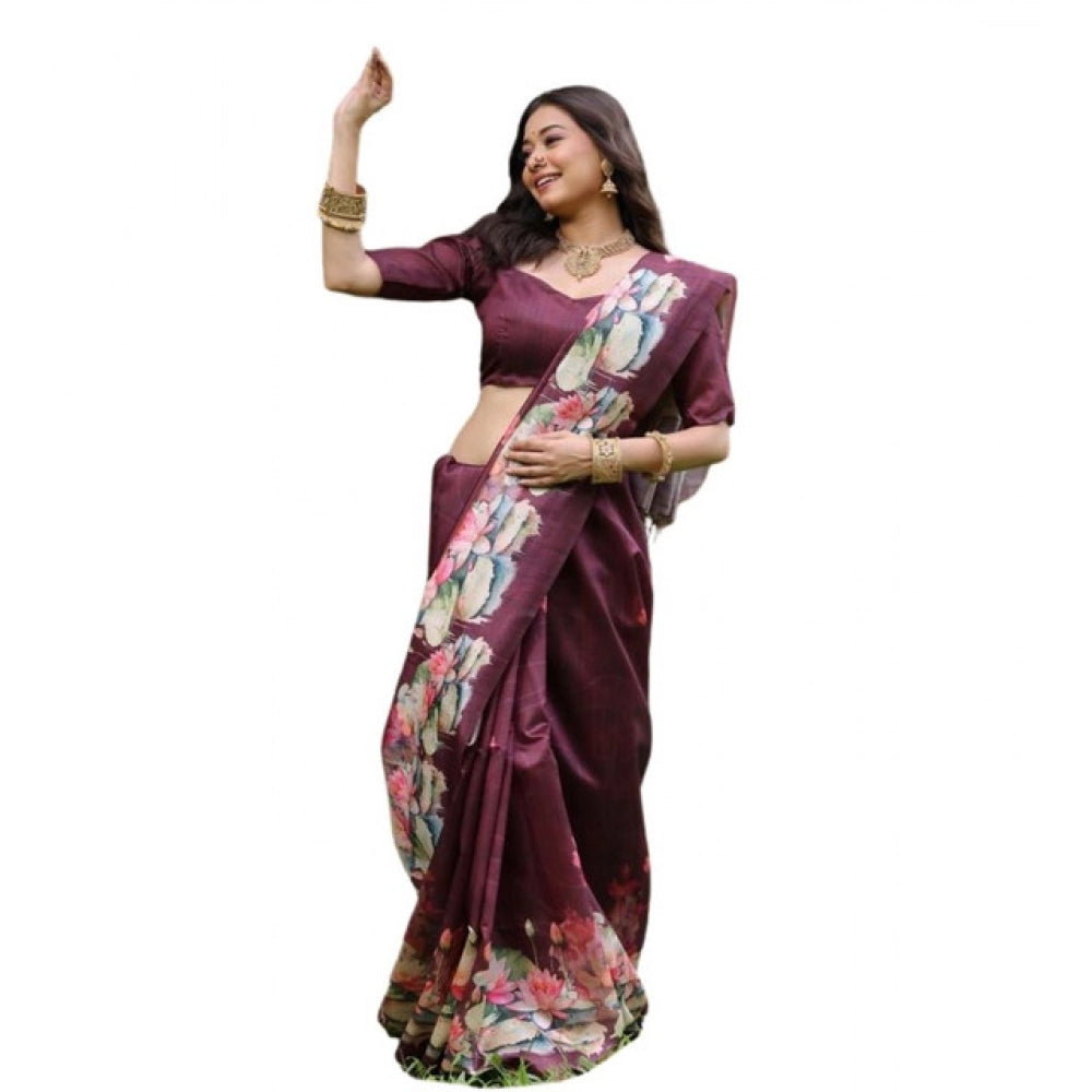 Women's Faux_Tussar Floral Saree With Unstitched Blouse 5.5Mtr (Purple) - VANSHELLE