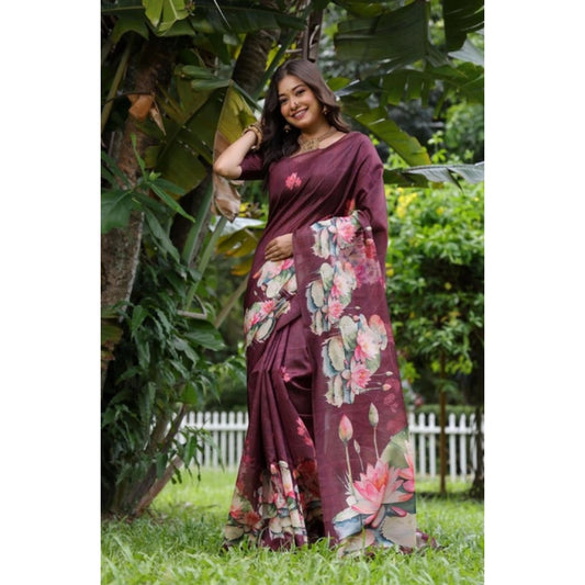 Women's Faux_Tussar Floral Saree With Unstitched Blouse 5.5Mtr (Purple) - VANSHELLE