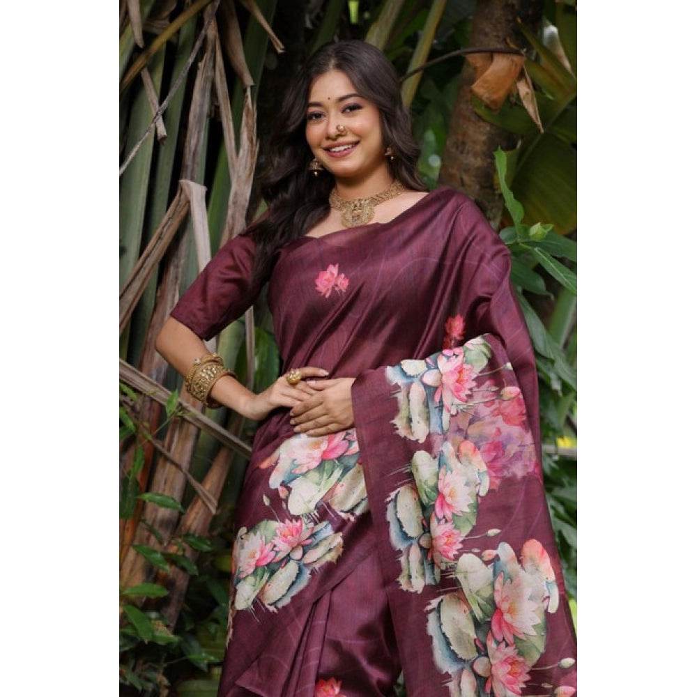 Women's Faux_Tussar Floral Saree With Unstitched Blouse 5.5Mtr (Purple) - VANSHELLE