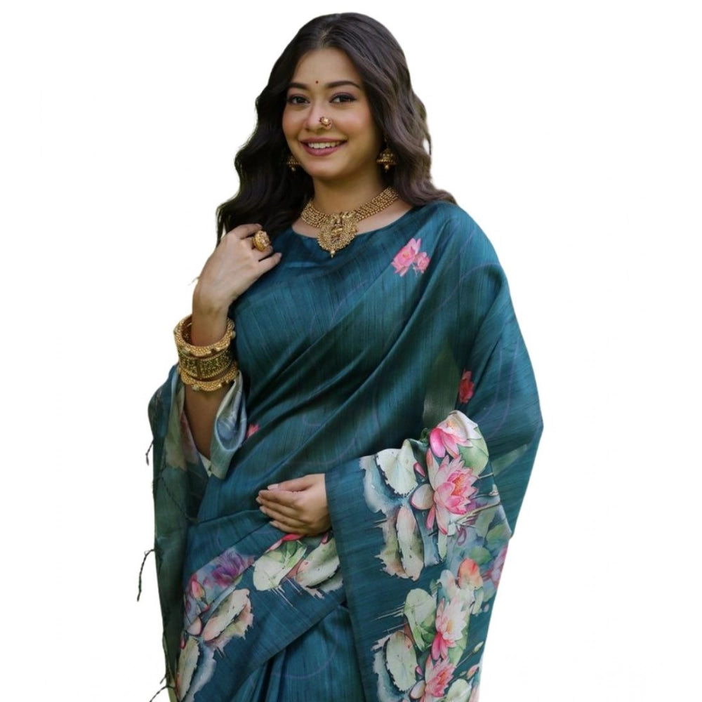 Women's Faux_Tussar Floral Saree With Unstitched Blouse 5.5Mtr (Teal) - VANSHELLE