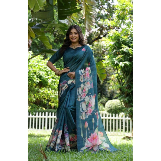 Women's Faux_Tussar Floral Saree With Unstitched Blouse 5.5Mtr (Teal) - VANSHELLE