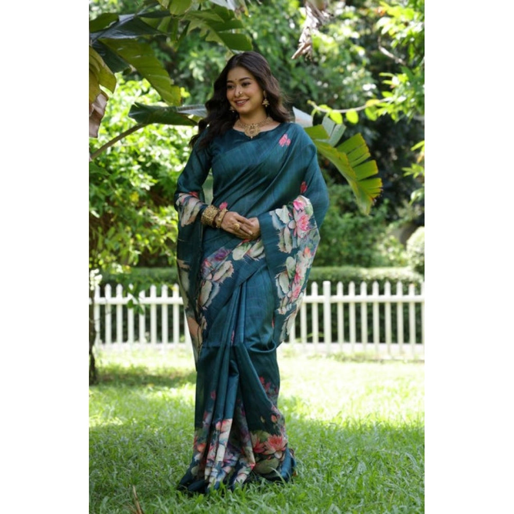 Women's Faux_Tussar Floral Saree With Unstitched Blouse 5.5Mtr (Teal) - VANSHELLE