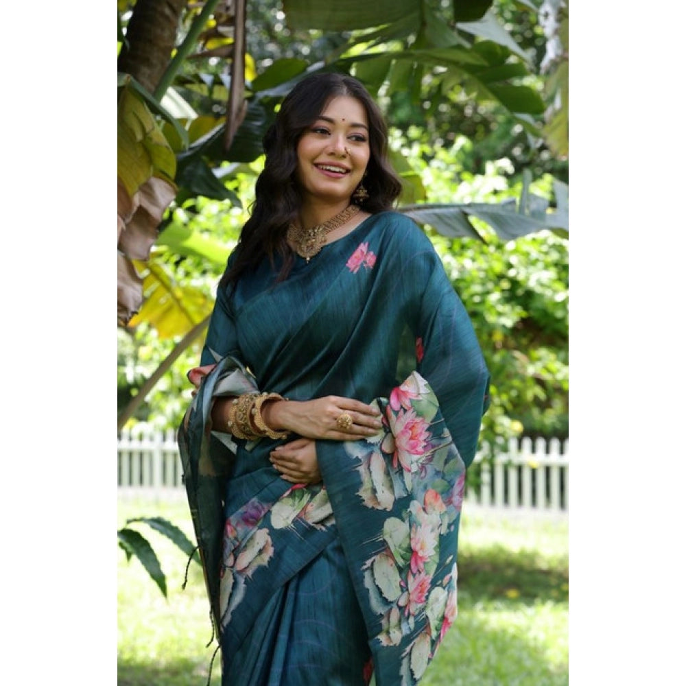 Women's Faux_Tussar Floral Saree With Unstitched Blouse 5.5Mtr (Teal) - VANSHELLE