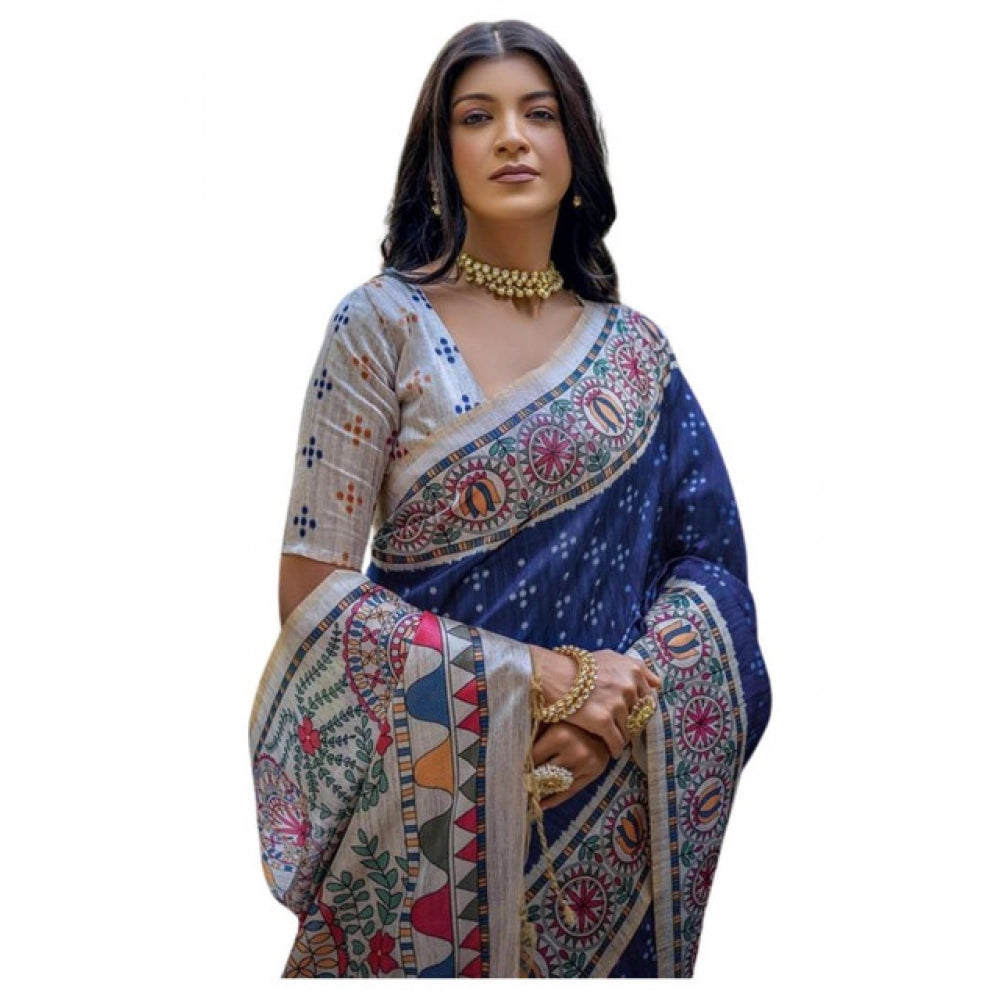Women's Faux_Tussar Geometric_Print Saree With Unstitched Blouse 5.5Mtr (Blue) - VANSHELLE