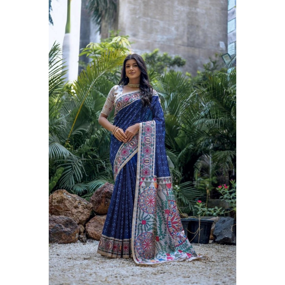 Women's Faux_Tussar Geometric_Print Saree With Unstitched Blouse 5.5Mtr (Blue) - VANSHELLE