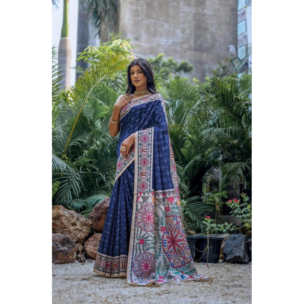 Women's Faux_Tussar Geometric_Print Saree With Unstitched Blouse 5.5Mtr (Blue) - VANSHELLE