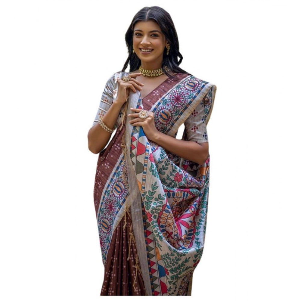 Women's Faux_Tussar Geometric_Print Saree With Unstitched Blouse 5.5Mtr (Coffee) - VANSHELLE