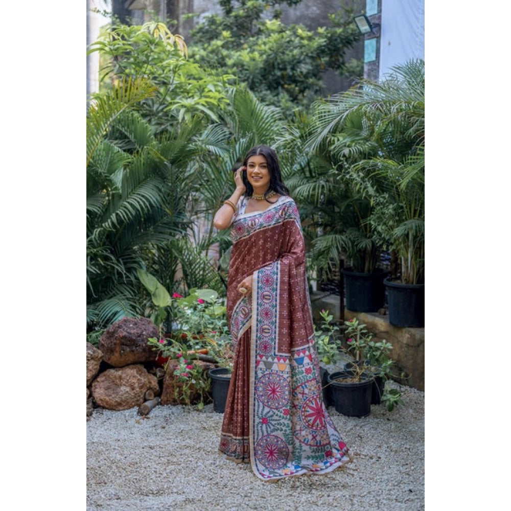 Women's Faux_Tussar Geometric_Print Saree With Unstitched Blouse 5.5Mtr (Coffee) - VANSHELLE