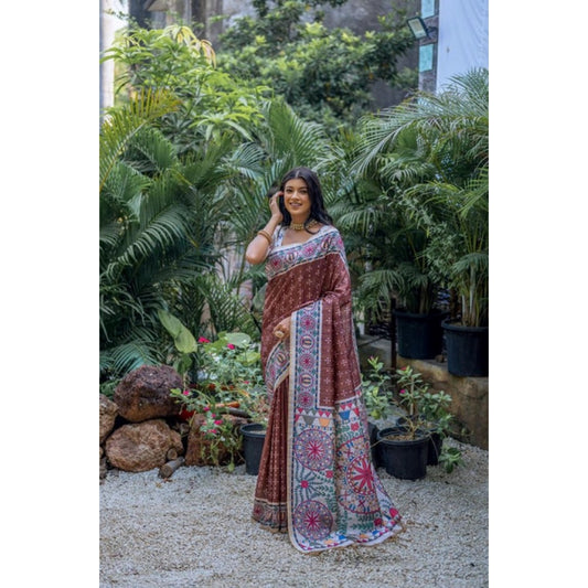 Women's Faux_Tussar Geometric_Print Saree With Unstitched Blouse 5.5Mtr (Coffee) - VANSHELLE