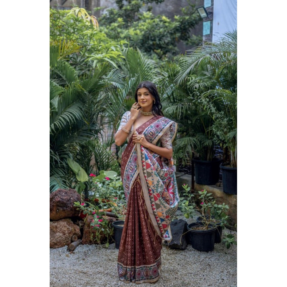 Women's Faux_Tussar Geometric_Print Saree With Unstitched Blouse 5.5Mtr (Coffee) - VANSHELLE