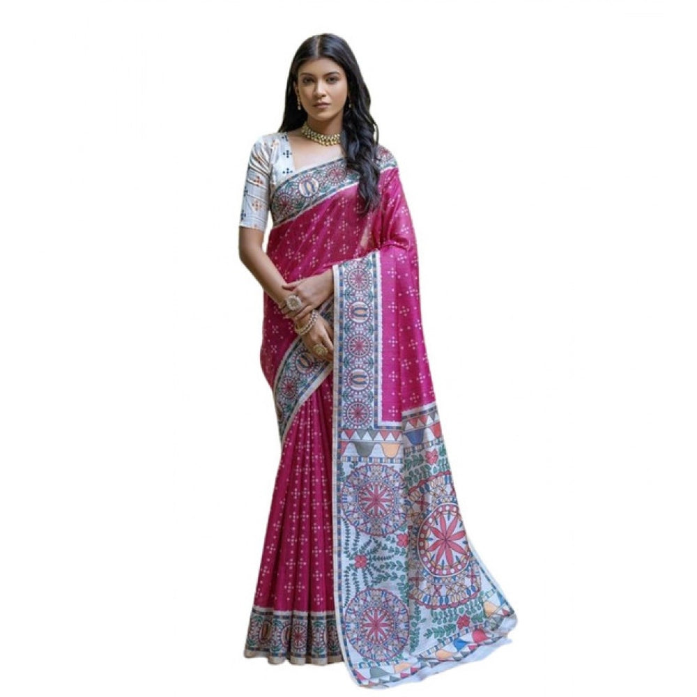 Women's Faux_Tussar Geometric_Print Saree With Unstitched Blouse 5.5Mtr (Pink) - VANSHELLE