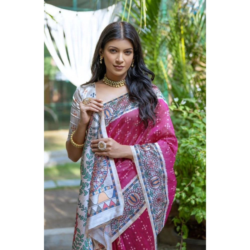 Women's Faux_Tussar Geometric_Print Saree With Unstitched Blouse 5.5Mtr (Pink) - VANSHELLE